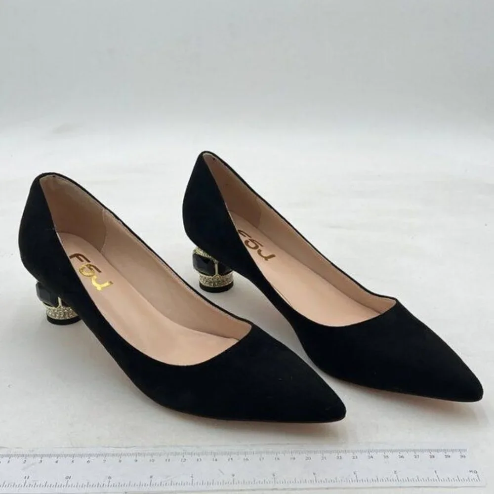FSJ Black Suede Crystal Pumps Slip on Wedding Shoes